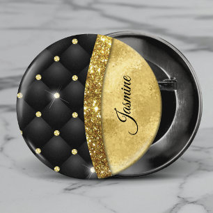 Elegant faux Gold glitter black diamond monogram Button