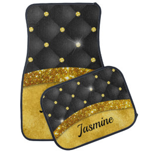 Elegant faux Gold glitter black diamond monogram Car Floor Mat