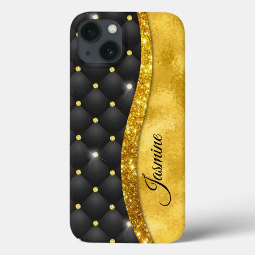 Elegant faux Gold glitter black diamond monogram iPhone 13 Case