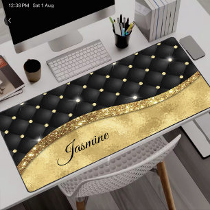 Elegant faux Gold glitter black diamond monogram Desk Mat