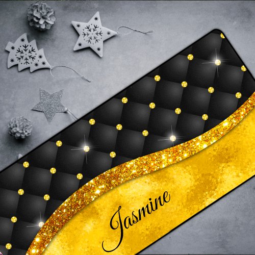 Elegant faux Gold glitter black diamond monogram Desk Mat