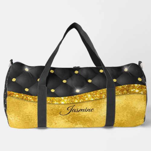 Elegant faux Gold glitter black diamond monogram  Duffle Bag