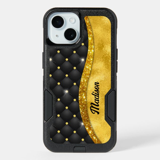 Elegant faux Gold glitter black diamond monogram iPhone 15 Case (Back)