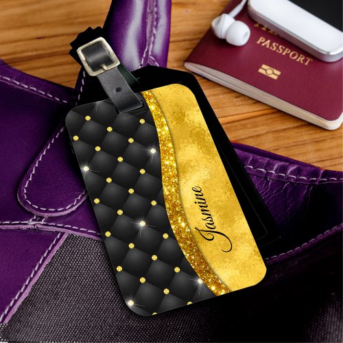 Elegant faux Gold glitter black diamond monogram Luggage Tag
