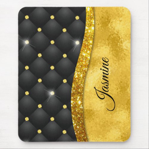 Elegant faux Gold glitter black diamond monogram Mouse Pad