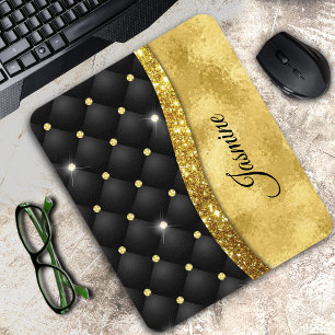 Elegant faux Gold glitter black diamond monogram Mouse Pad