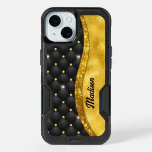 Elegant faux Gold glitter black diamond monogram iPhone 15 Case