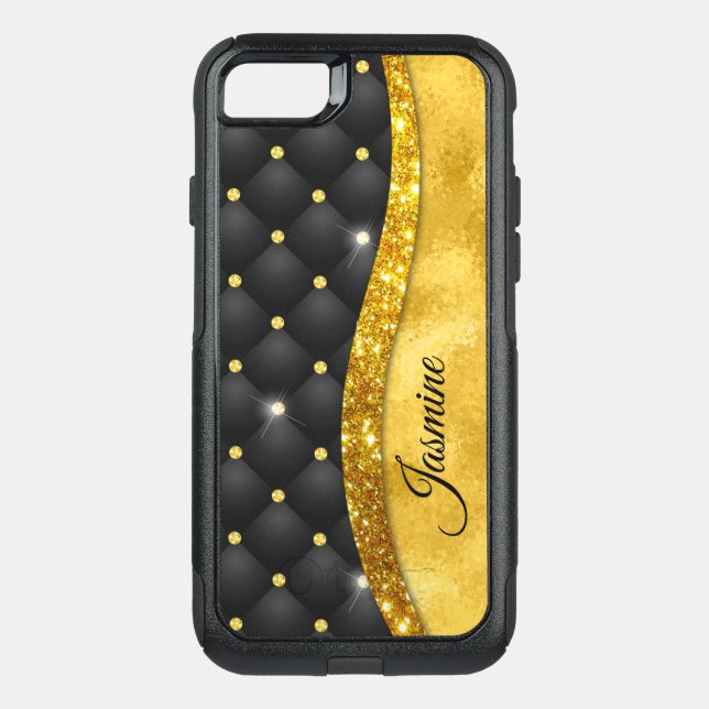 Elegant faux Gold glitter black diamond monogram Otterbox iPhone Case (Back)
