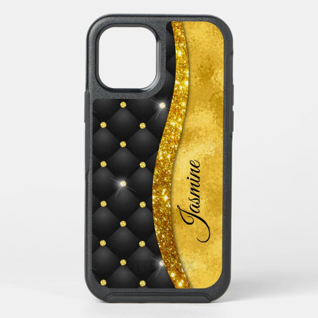 Elegant faux Gold glitter black diamond monogram Otterbox iPhone Case (Back)