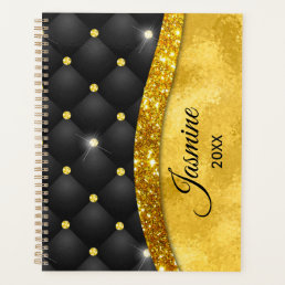 Elegant faux Gold glitter black diamond monogram Planner