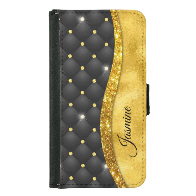 Elegant faux Gold glitter black diamond monogram Samsung Galaxy Wallet Case (Front)
