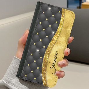 Elegant faux Gold glitter black diamond monogram Samsung Galaxy S5 Wallet Case