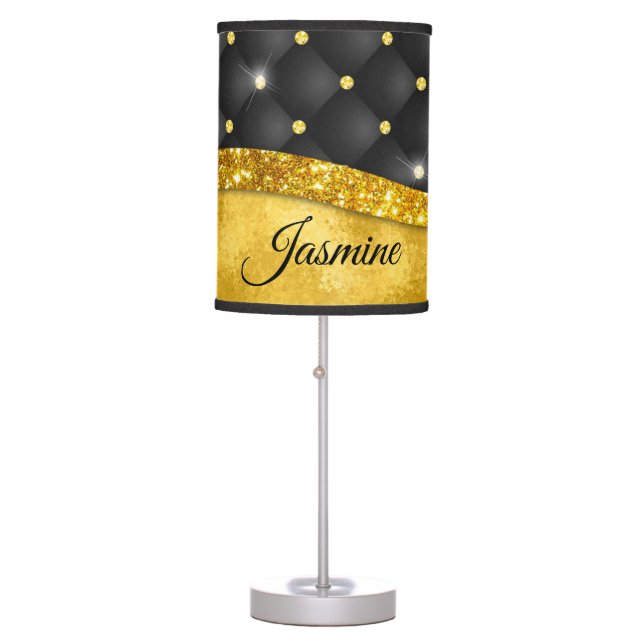 Elegant faux Gold glitter black diamond monogram Table Lamp (Front)