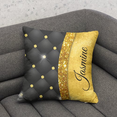 Elegant faux Gold glitter black diamond monogram Throw Pillow