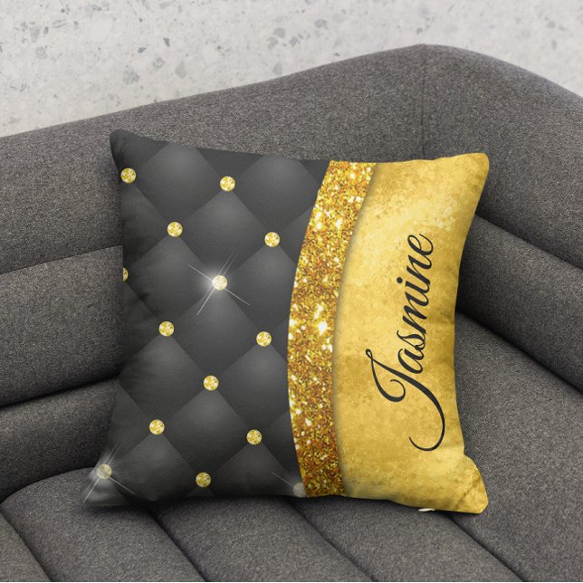 Elegant faux Gold glitter black diamond monogram Throw Pillow (Creator Uploaded)