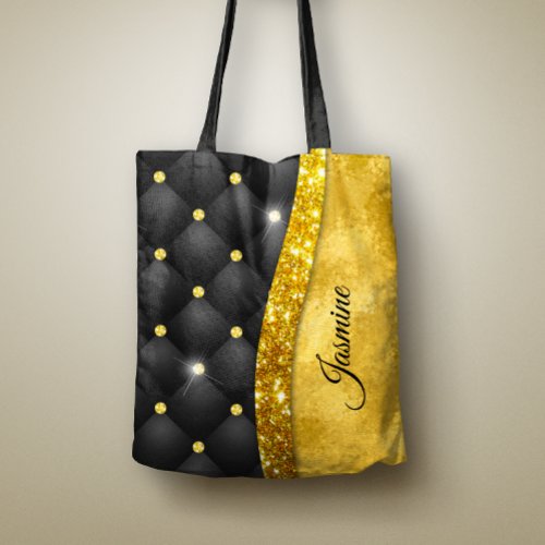 Elegant faux Gold glitter black diamond monogram Tote Bag
