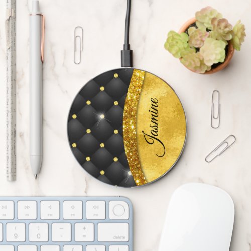 Elegant faux Gold glitter black diamond monogram Wireless Charger