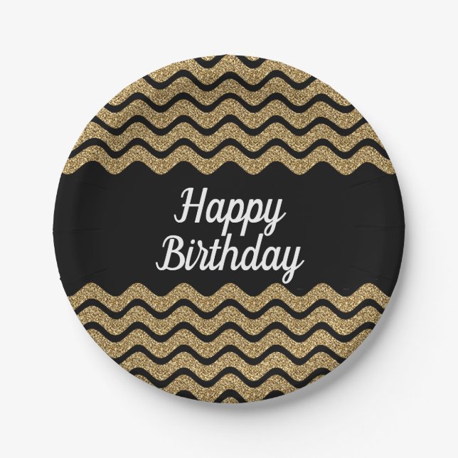 Elegant Faux Gold Glitter Black Stripes Birthday Paper Plates (Front)