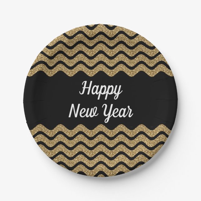 Elegant Faux Gold Glitter Black Stripes New Year's Paper Plates (Front)