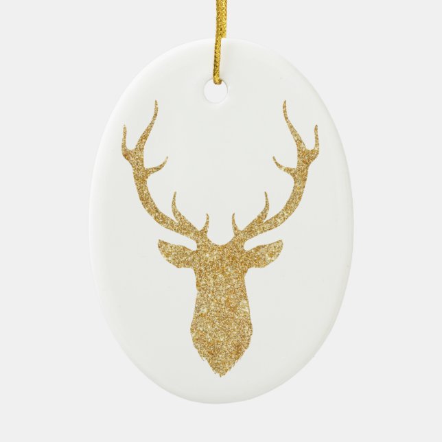 Elegant Faux Gold Glitter Christmas Deer Ceramic Ornament (Front)