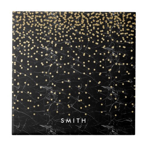 elegant faux gold glitter confetti black marble ceramic tile