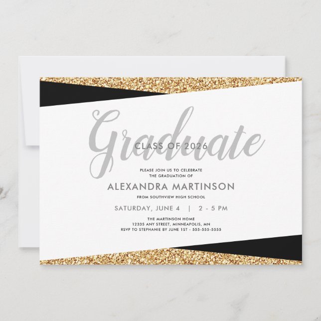 Elegant Faux Gold Glitter Graduation Invitation (Front)