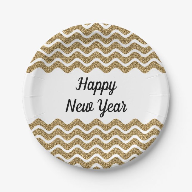 Elegant Faux Gold Glitter Happy New Year  Paper Plates (Front)