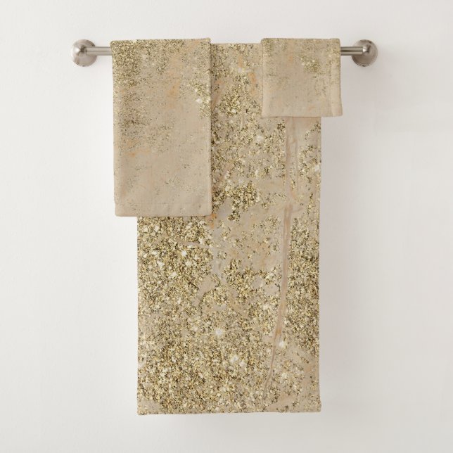 Elegant faux gold glitter ivory marble pattern bath towel set (Insitu)