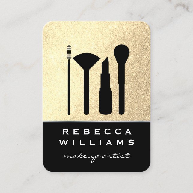 Elegant Faux Gold Glitter Makeup Set / Black Business Card (Front)