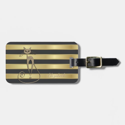 Elegant Faux Gold Glittery Cat On Gold Stripe Luggage Tag