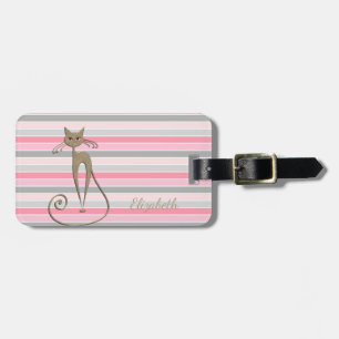 Elegant Faux Gold Glittery Cat On Stripe Luggage Tag