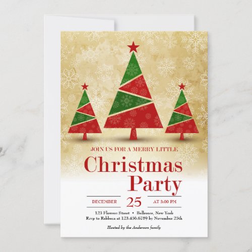 Elegant faux gold green and red christmas trees invitation