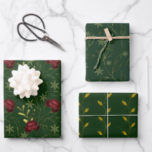 Elegant faux gold green floral watercolor roses w wrapping paper sheets