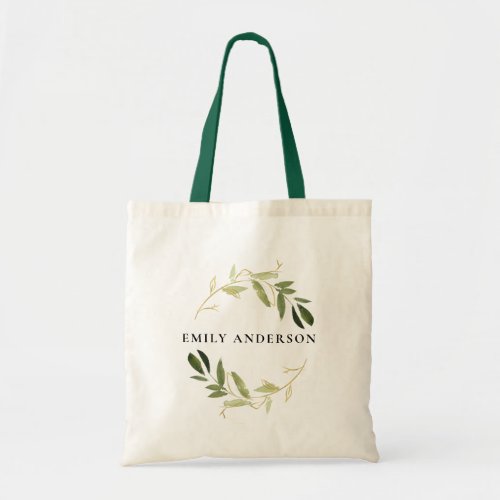 ELEGANT FAUX GOLD GREEN FOLIAGE WATERCOLOR WREATH TOTE BAG