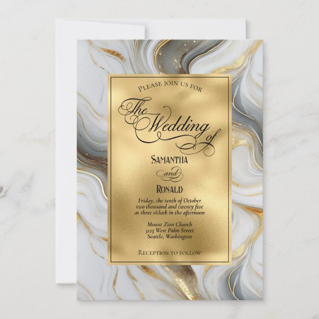 Elegant Faux Gold, Grey and White Marbled Wedding Invitation (Front)
