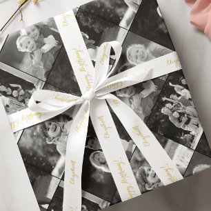 Elegant Faux Gold Happy Birthday Custom Name White Satin Ribbon