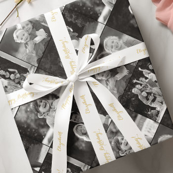 Elegant Faux Gold Happy Birthday Custom Name White Satin Ribbon by iCoolCreate at Zazzle