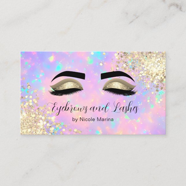 Elegant Faux Gold Holographic Eyelash Eyebrow Spa Business Card (Front)