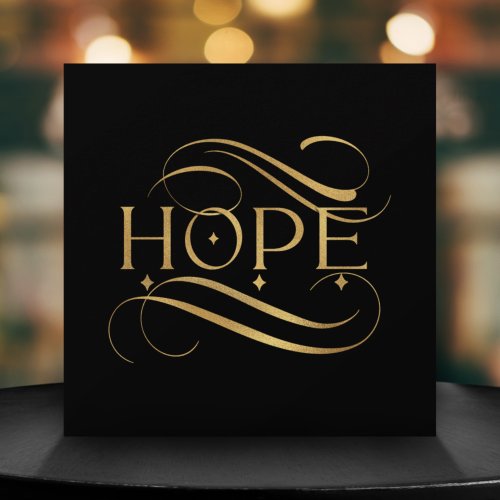 Elegant Faux Gold Hope Calligraphy Script on Black Holiday Card