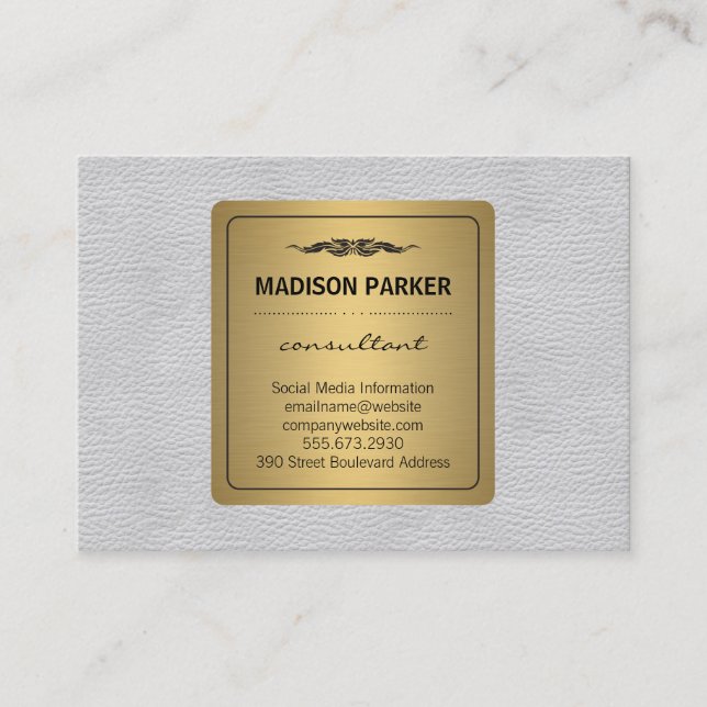 Elegant Faux Gold Label White Leather Business Card (Front)