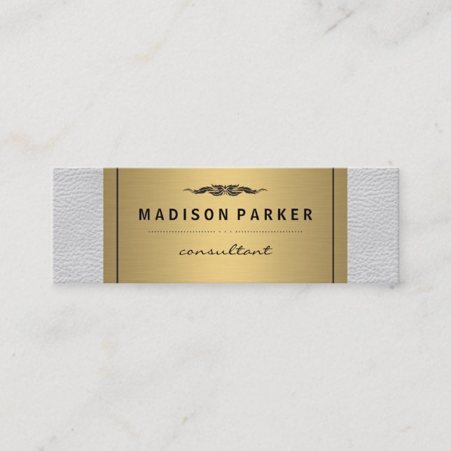 Elegant Faux Gold Label White Leather Mini Business Card (Front)