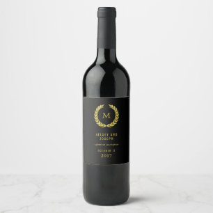 Elegant Faux Gold Laurel Wreath on Black Wedding Wine Label