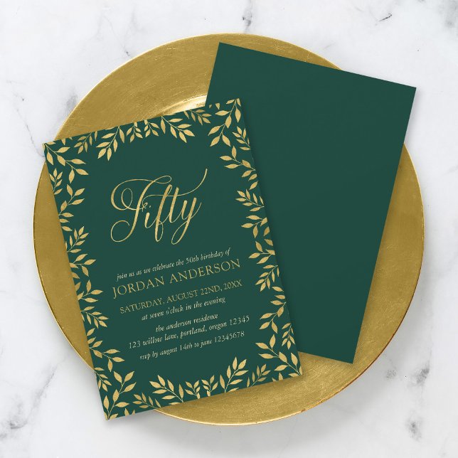Elegant Faux Gold Leaves 50th Birthday Invitation (Creator Uploaded)