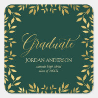 Elegant Faux Gold Leaves Green Graduate Square Sticker
