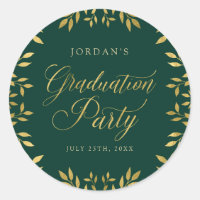 Elegant Faux Gold Leaves Green Graduation Party Classic Round Sticker