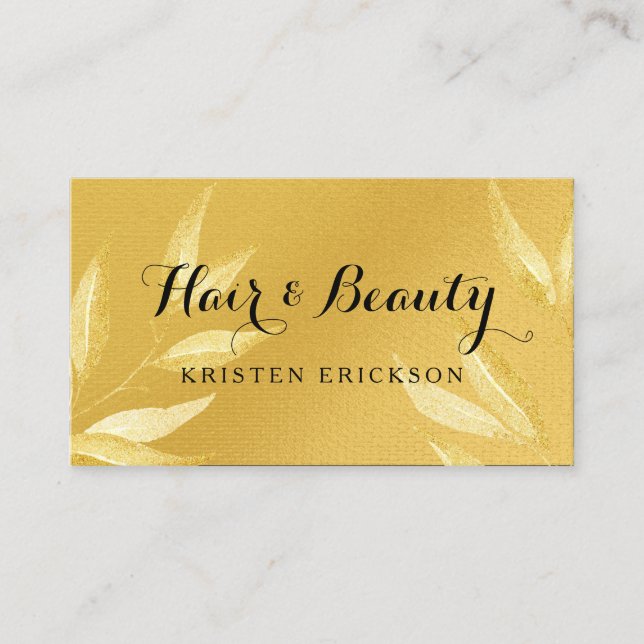 Elegant FAUX Gold Leaves Hair and Beauty Salon Business Card (Front)