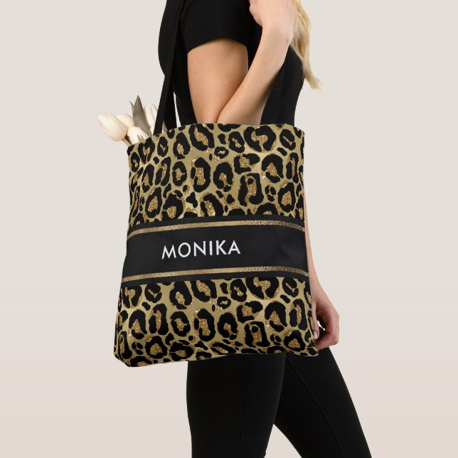 Elegant Faux Gold Leopard Animal Print Custom Tote Bag (Close Up)