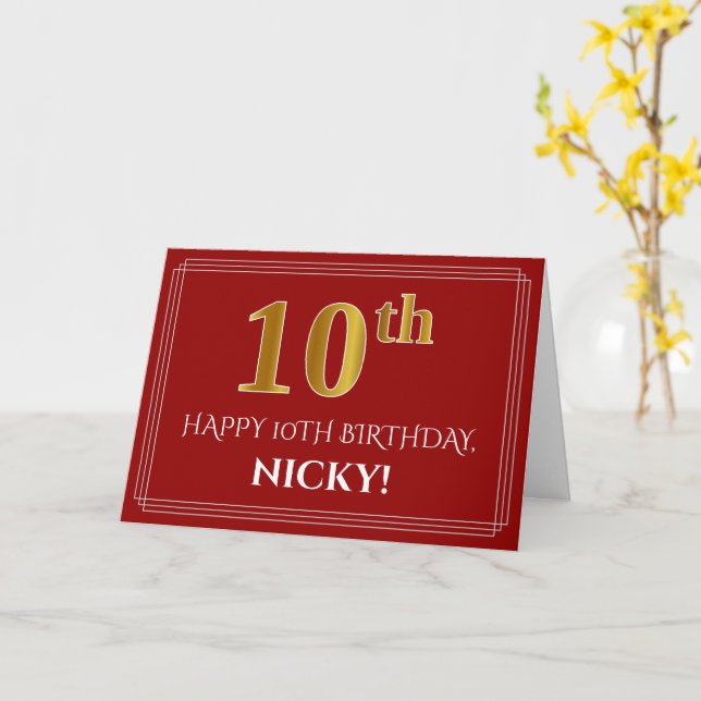 Elegant Faux Gold Look "10th" Birthday, Name (Red) Card (Yellow Flower)