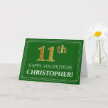 [ Thumbnail: Elegant Faux Gold Look 11th Birthday, Name (Green) Card ]