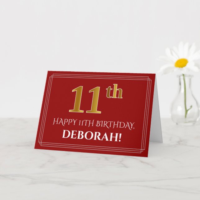 Elegant Faux Gold Look "11th" Birthday, Name (Red) Card (Small Plant)
